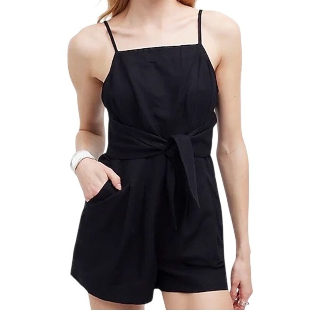 Madewell Black Linen Blend Tie Front Romper Size 6‎ Sleeveless Pocketed